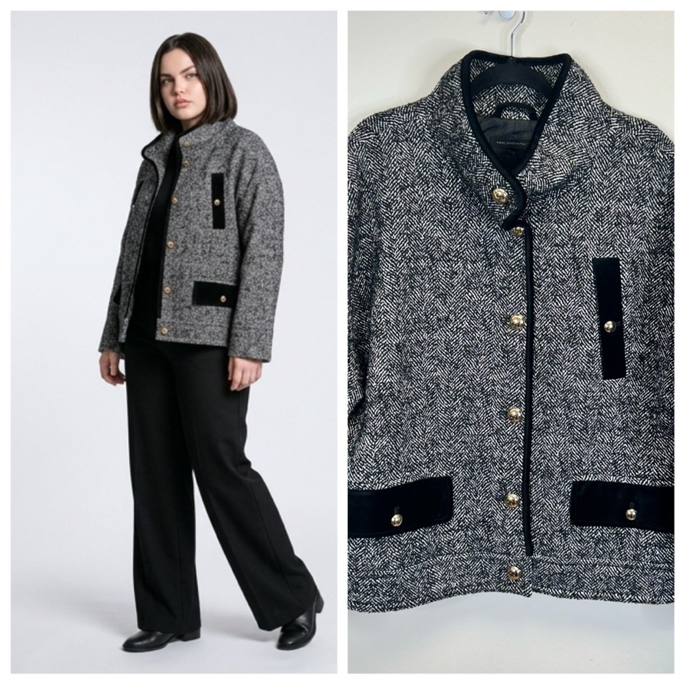 Classic Old Money Preppy Talbots XL Black White Textured Winter Fall Coat Gold